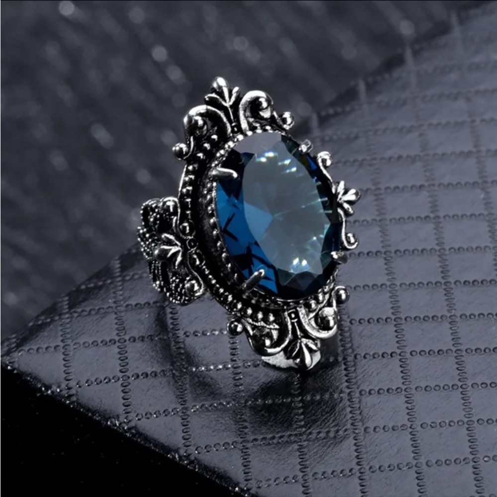 BLUE SAPPHIRE 925 STERLING SILVER VINTAGE VICTORIAN RING